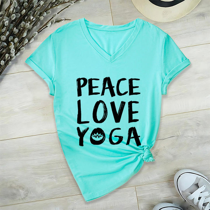Olivenorma Peace Love Lotus Yoga Text Graphic Women's V Neck T-Shirt - Lake Blue - 2XL - image 18