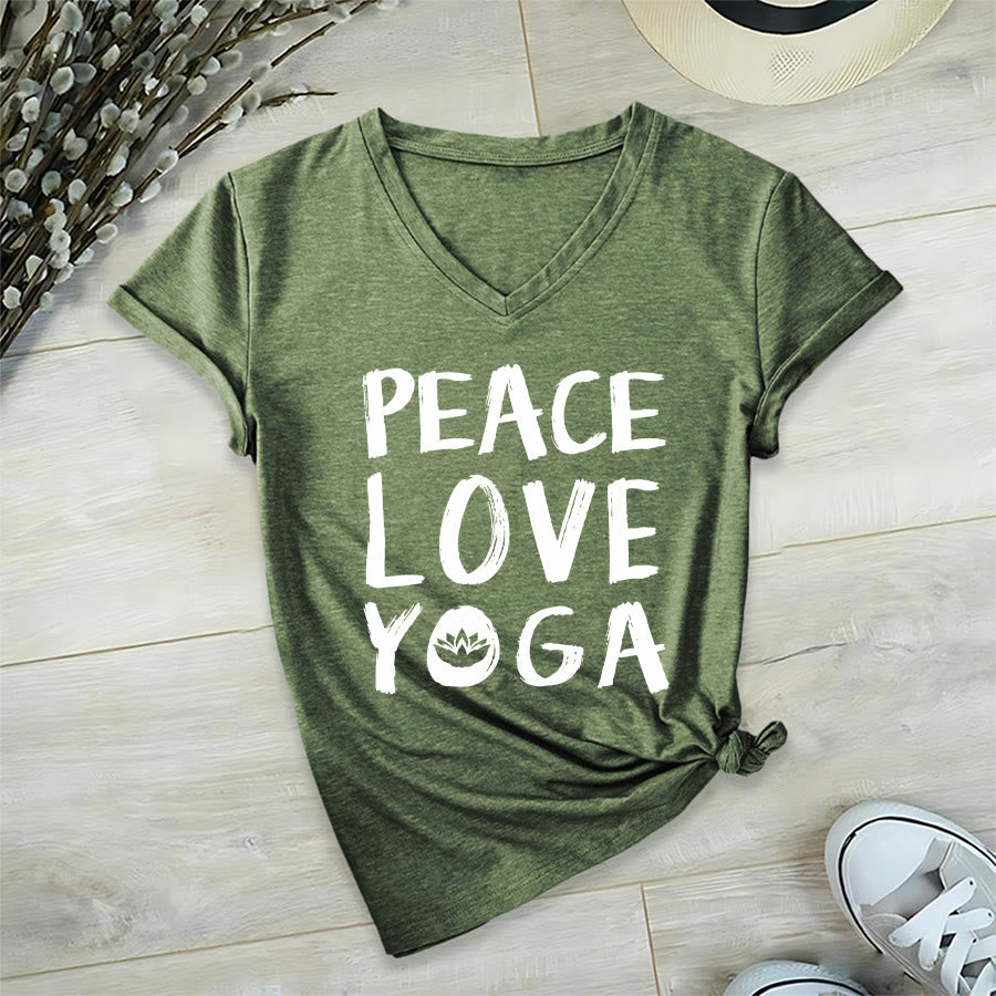 Olivenorma Peace Love Lotus Yoga Text Graphic Women's V Neck T-Shirt - Olive Green - 2XL - image 9