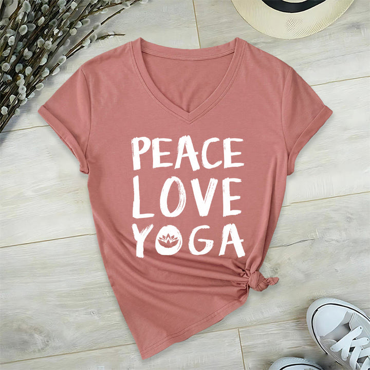 Olivenorma Peace Love Lotus Yoga Text Graphic Women's V Neck T-Shirt - Pink - 2XL - image 15