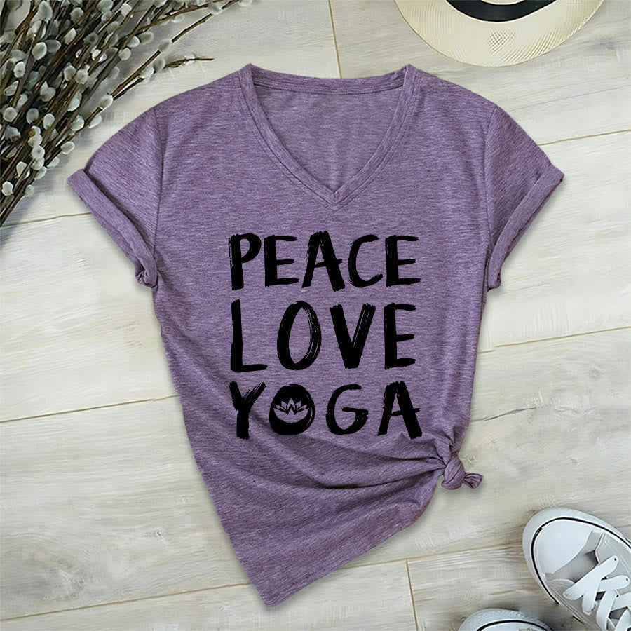 Olivenorma Peace Love Lotus Yoga Text Graphic Women's V Neck T-Shirt - Purple - 2XL - image 36