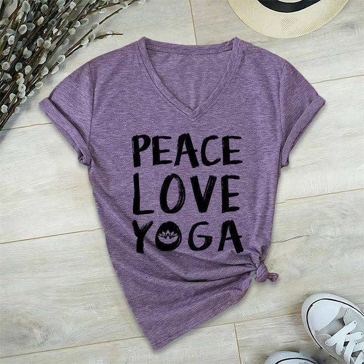 Olivenorma Peace Love Lotus Yoga Text Graphic Women's V Neck T-Shirt - Purple - 2XL - image 36