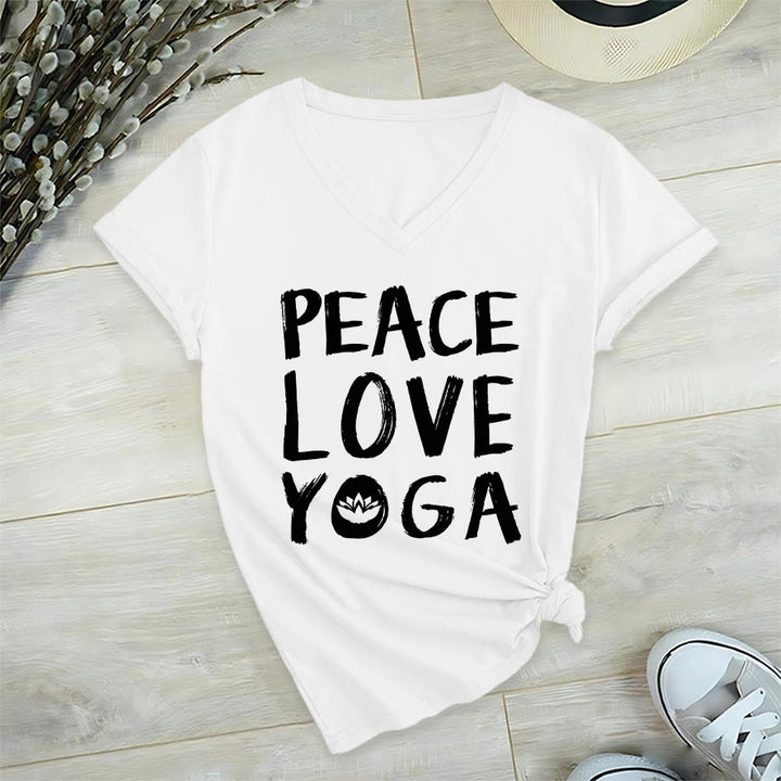 Olivenorma Peace Love Lotus Yoga Text Graphic Women's V Neck T-Shirt - White - 2XL - image 24