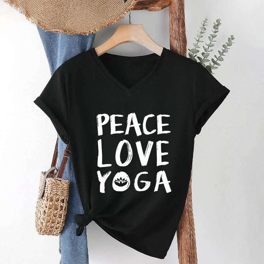 Olivenorma Peace Love Lotus Yoga Text Graphic Women's V Neck T-Shirt - image 1