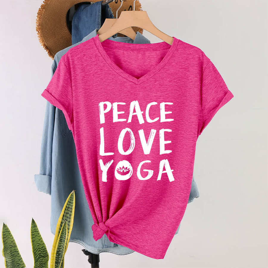 Olivenorma Peace Love Lotus Yoga Text Graphic Women's V Neck T-Shirt - image 4