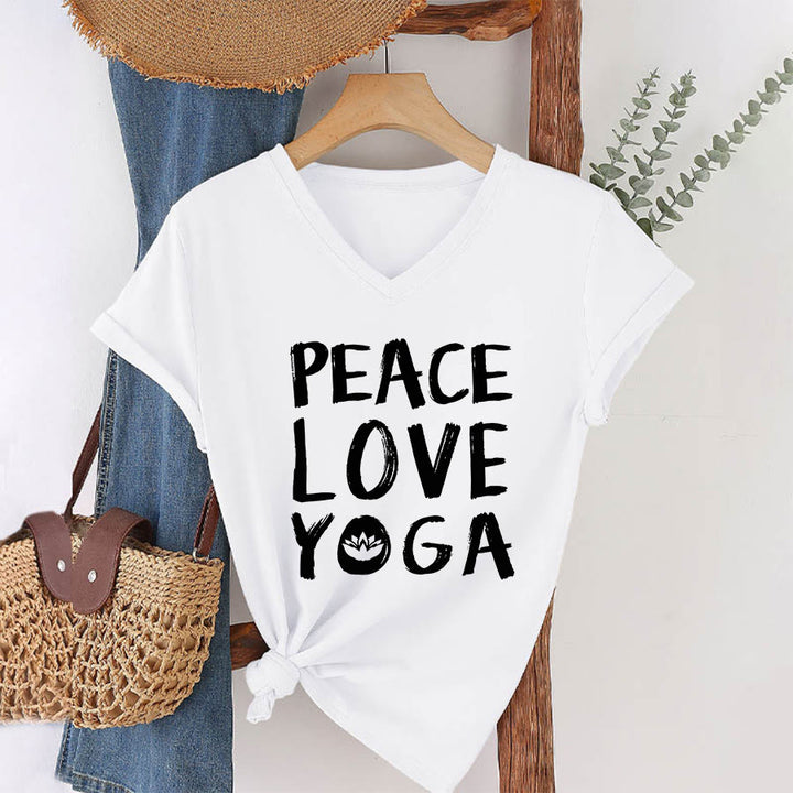 Olivenorma Peace Love Lotus Yoga Text Graphic Women's V Neck T-Shirt - image 25