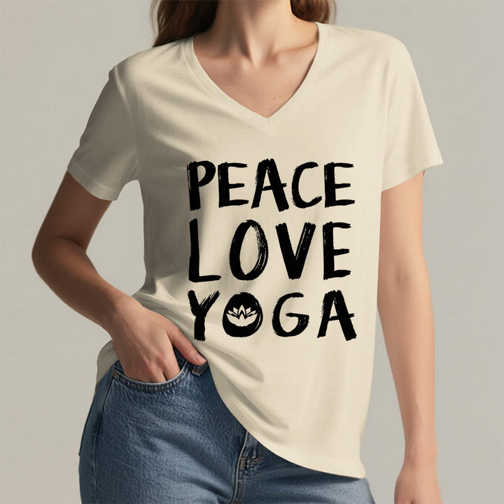 Olivenorma Peace Love Lotus Yoga Text Graphic Women's V Neck T-Shirt - image 14
