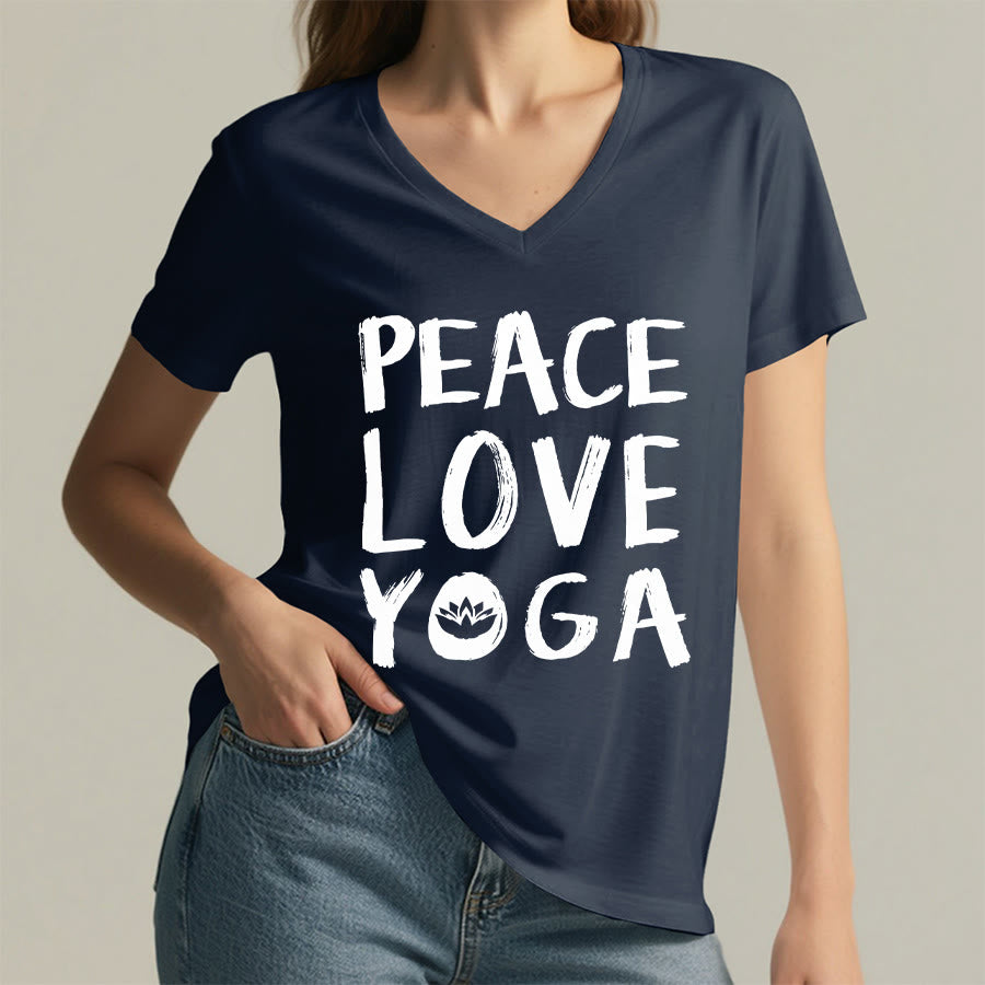 Olivenorma Peace Love Lotus Yoga Text Graphic Women's V Neck T-Shirt - image 29