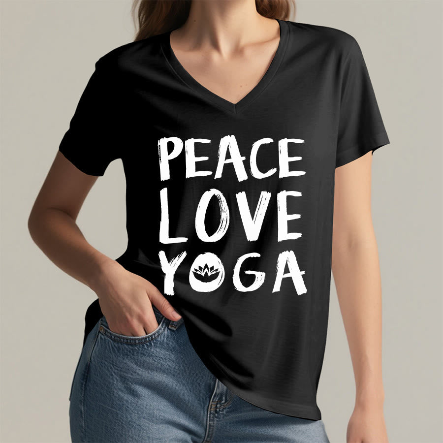 Olivenorma Peace Love Lotus Yoga Text Graphic Women's V Neck T-Shirt - image 2