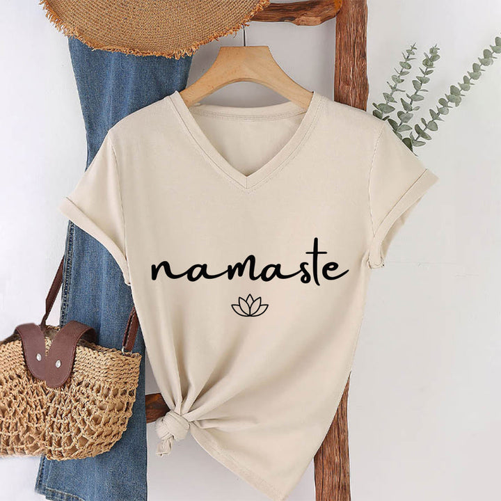 Olivenorma Cursive Namaste Simple Outline Lotus Zen Graphic Women's V Neck T-Shirt - Khaki - 2XL - image 10