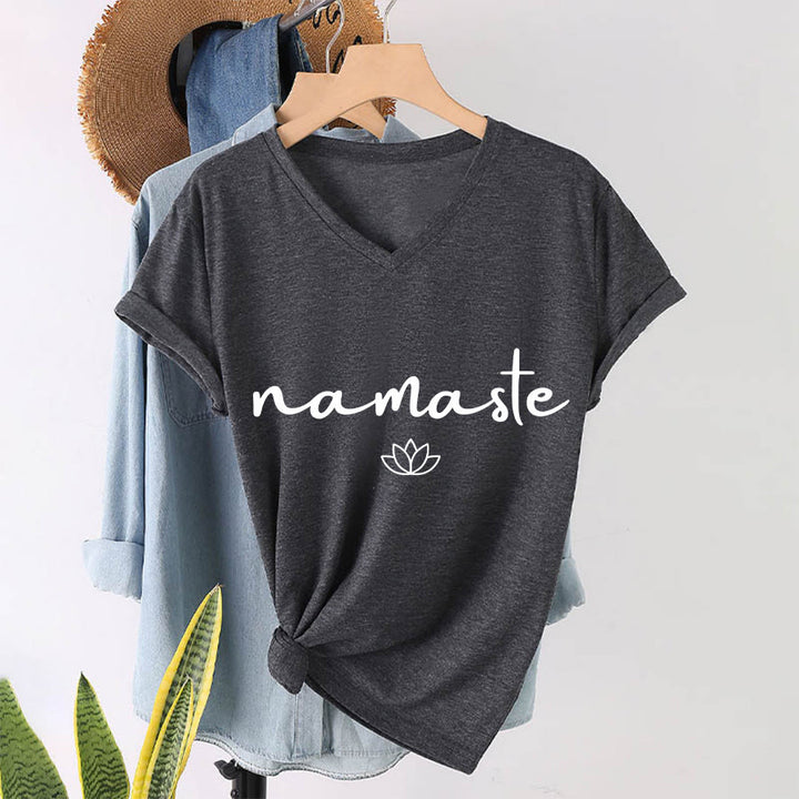 Olivenorma Cursive Namaste Simple Outline Lotus Zen Graphic Women's V Neck T-Shirt - Gray - 2XL - image 19