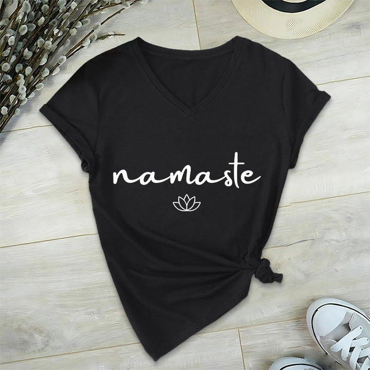 Olivenorma Cursive Namaste Simple Outline Lotus Zen Graphic Women's V Neck T-Shirt - image 3