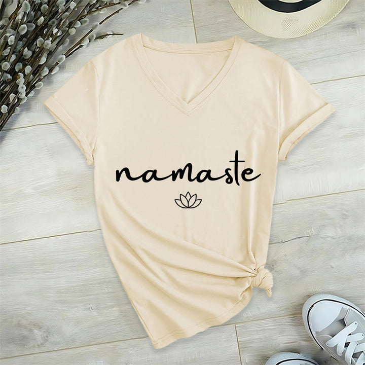Olivenorma Cursive Namaste Simple Outline Lotus Zen Graphic Women's V Neck T-Shirt - image 9