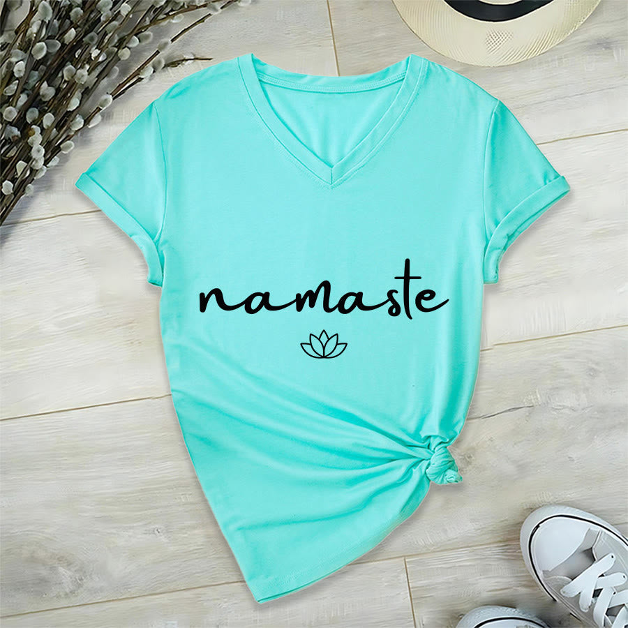 Olivenorma Cursive Namaste Simple Outline Lotus Zen Graphic Women's V Neck T-Shirt - image 15