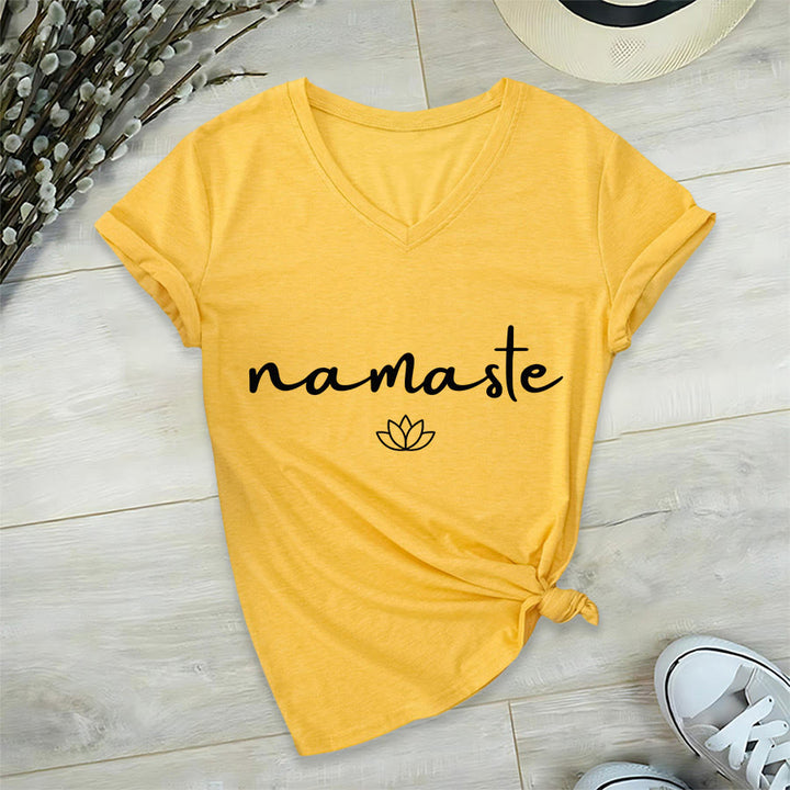 Olivenorma Cursive Namaste Simple Outline Lotus Zen Graphic Women's V Neck T-Shirt - image 30