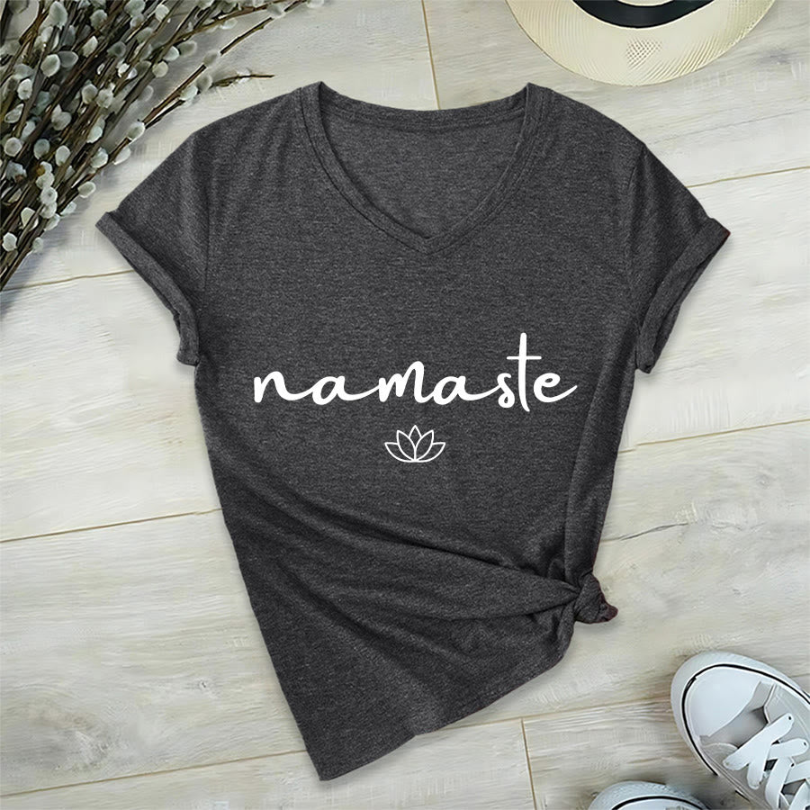 Olivenorma Cursive Namaste Simple Outline Lotus Zen Graphic Women's V Neck T-Shirt - image 18