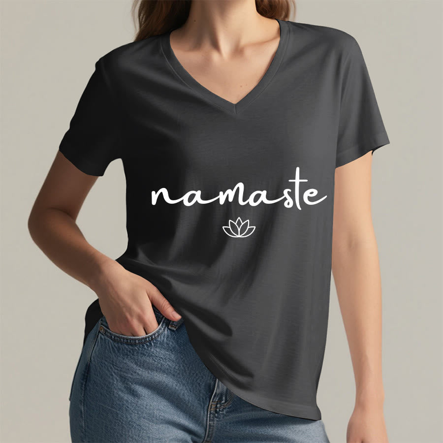 Olivenorma Cursive Namaste Simple Outline Lotus Zen Graphic Women's V Neck T-Shirt - image 20