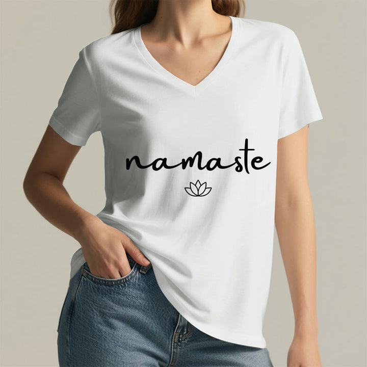 Olivenorma Cursive Namaste Simple Outline Lotus Zen Graphic Women's V Neck T-Shirt - image 23