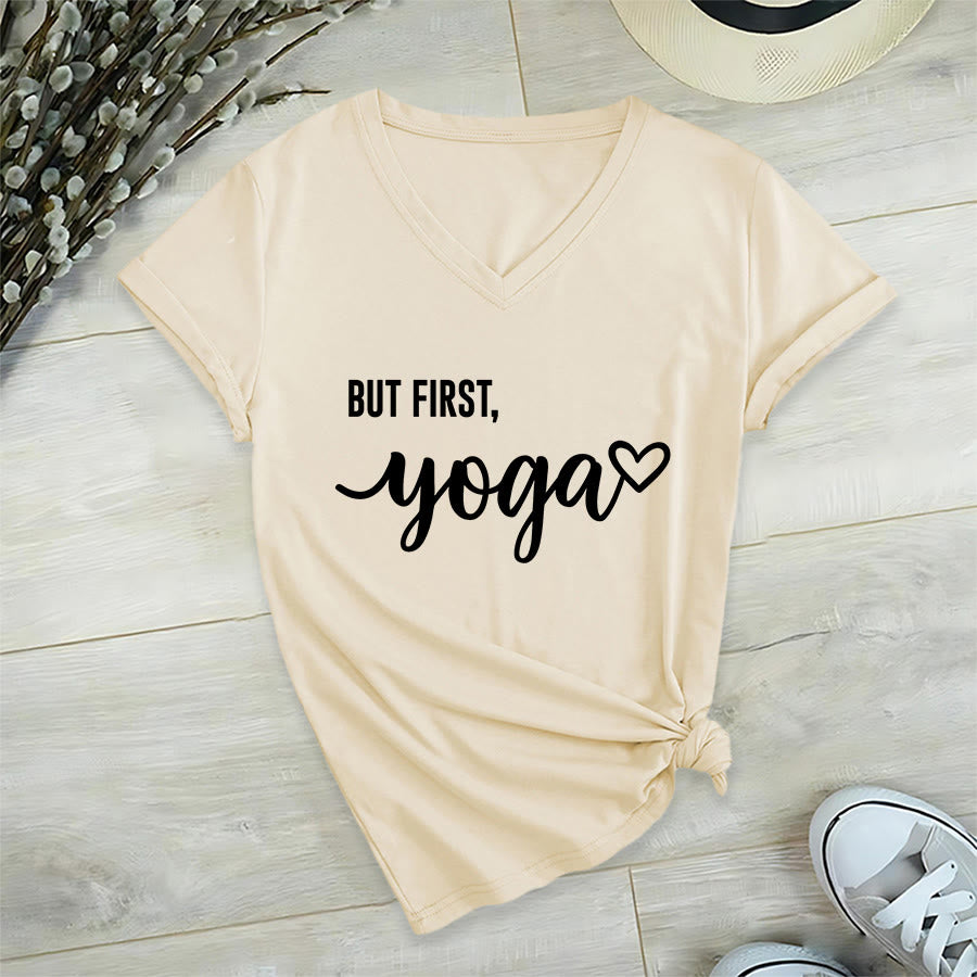 Olivenorma But First Yoga Heart Accent Cursive Text Graphic Women's V Neck T-Shirt - Khaki - 2XL - image 9
