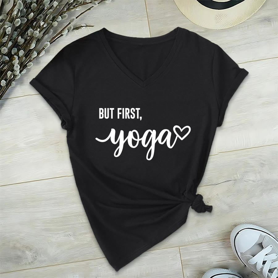 Olivenorma But First Yoga Heart Accent Cursive Text Graphic Women's V Neck T-Shirt - Black - 2XL - image 18