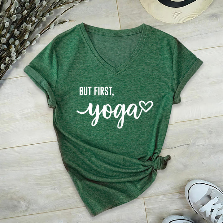 Olivenorma But First Yoga Heart Accent Cursive Text Graphic Women's V Neck T-Shirt - Dark Green - 2XL - image 0
