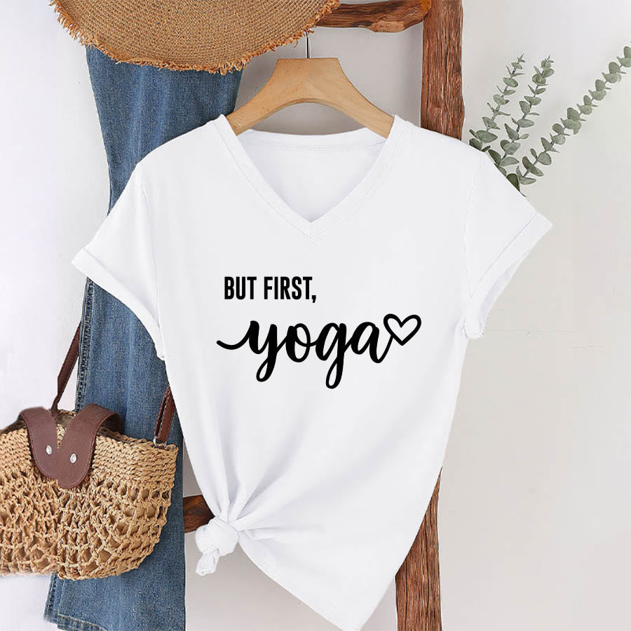Olivenorma But First Yoga Heart Accent Cursive Text Graphic Women's V Neck T-Shirt - image 22
