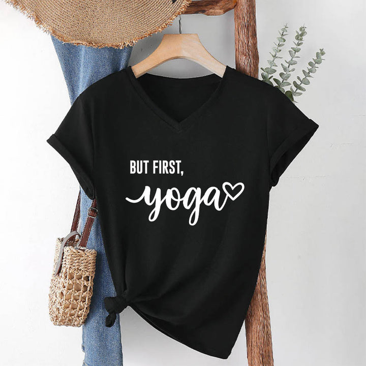 Olivenorma But First Yoga Heart Accent Cursive Text Graphic Women's V Neck T-Shirt - image 19