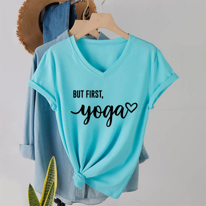 Olivenorma But First Yoga Heart Accent Cursive Text Graphic Women's V Neck T-Shirt - image 16