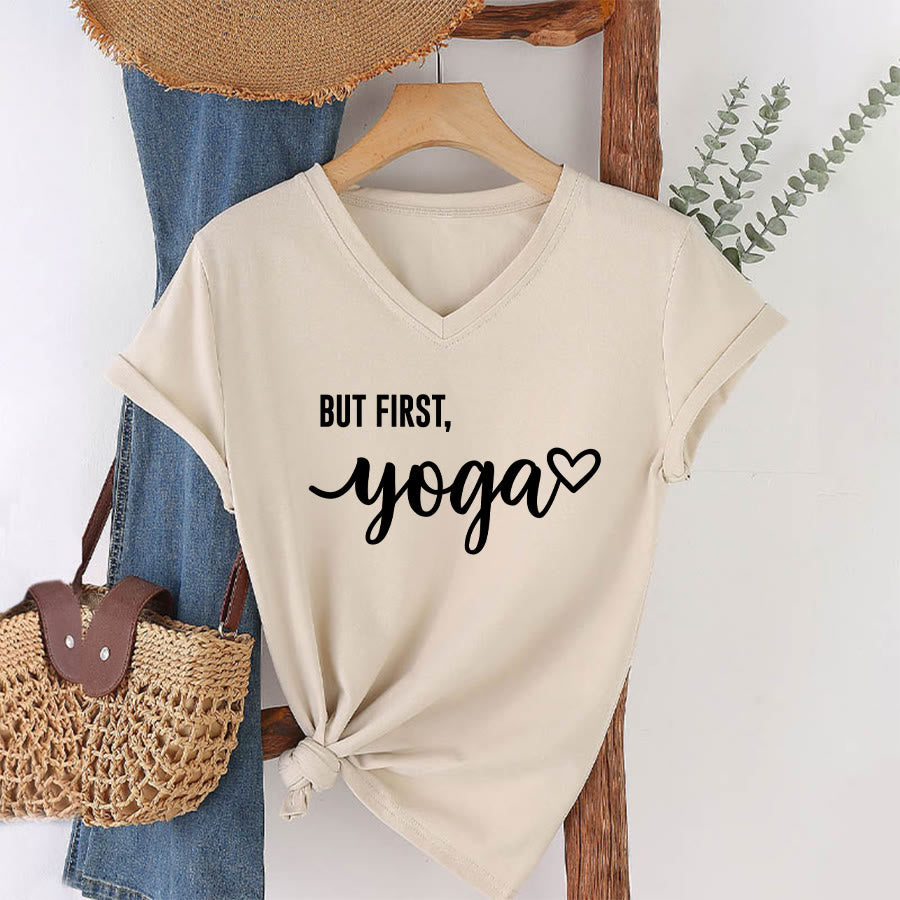Olivenorma But First Yoga Heart Accent Cursive Text Graphic Women's V Neck T-Shirt - image 10