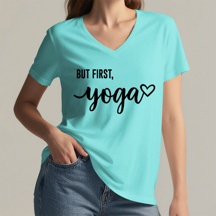 Olivenorma But First Yoga Heart Accent Cursive Text Graphic Women's V Neck T-Shirt - image 17