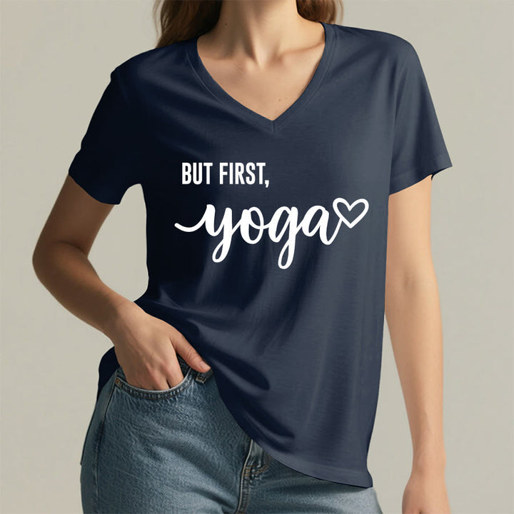 Olivenorma But First Yoga Heart Accent Cursive Text Graphic Women's V Neck T-Shirt - image 26