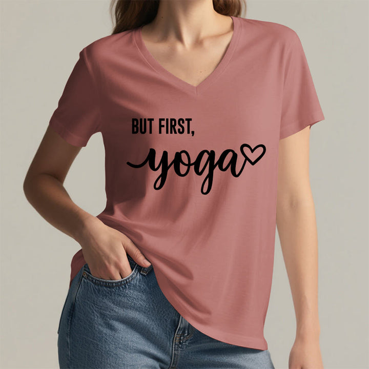 Olivenorma But First Yoga Heart Accent Cursive Text Graphic Women's V Neck T-Shirt - image 14