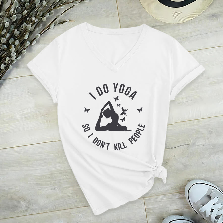 Olivenorma Funny I Do Yoga Butterfly Crescent Text Graphic Women's V Neck T-Shirt - White - 2XL - image 24