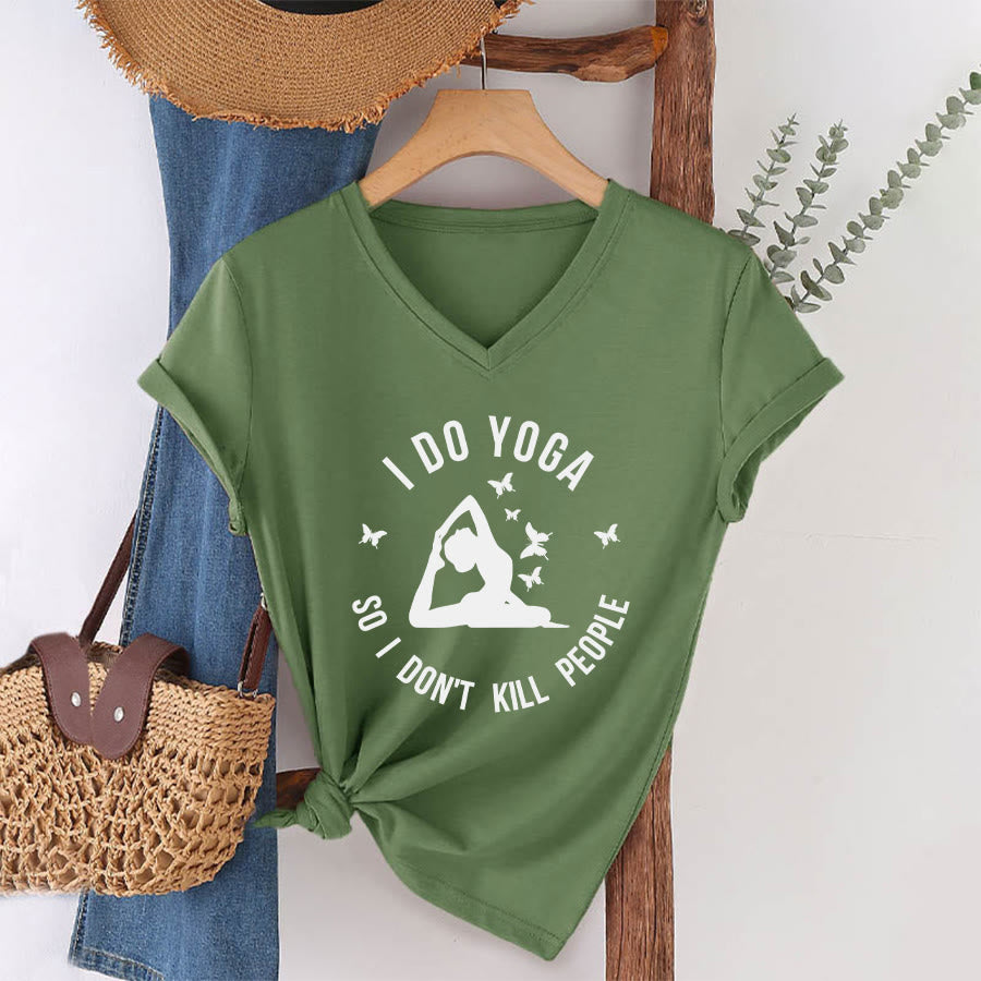 Olivenorma Funny I Do Yoga Butterfly Crescent Text Graphic Women's V Neck T-Shirt - image 10