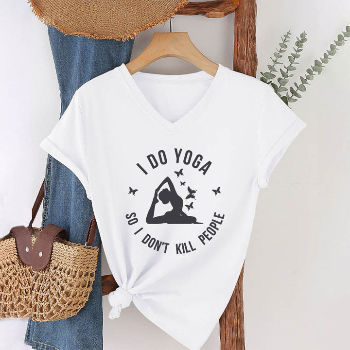 Olivenorma Funny I Do Yoga Butterfly Crescent Text Graphic Women's V Neck T-Shirt - image 25