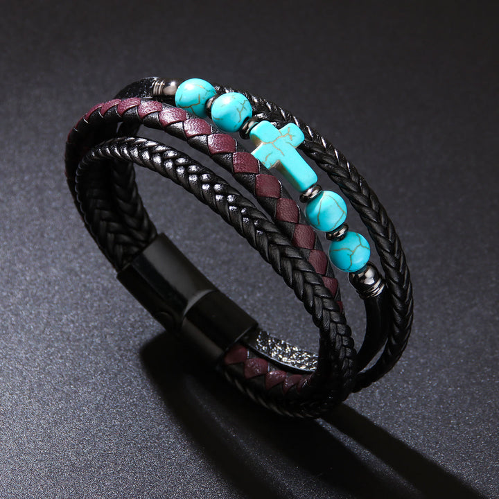 Olivenorma Natural Stone Beads Braided Leather Mens Bracelet - Turquoise - image 15