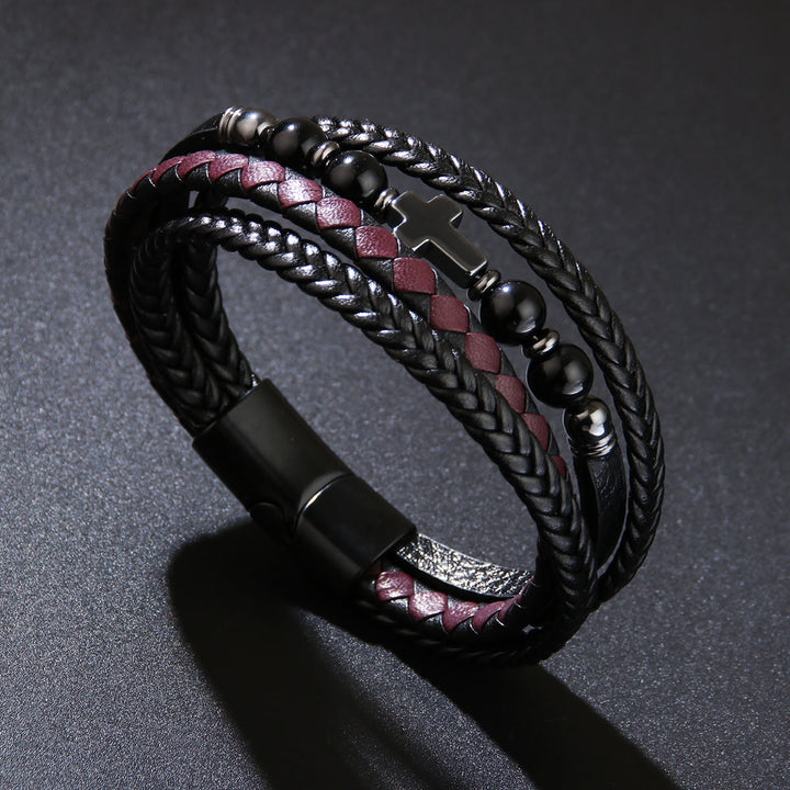 Olivenorma Natural Stone Beads Braided Leather Mens Bracelet - Black Onyx - image 14