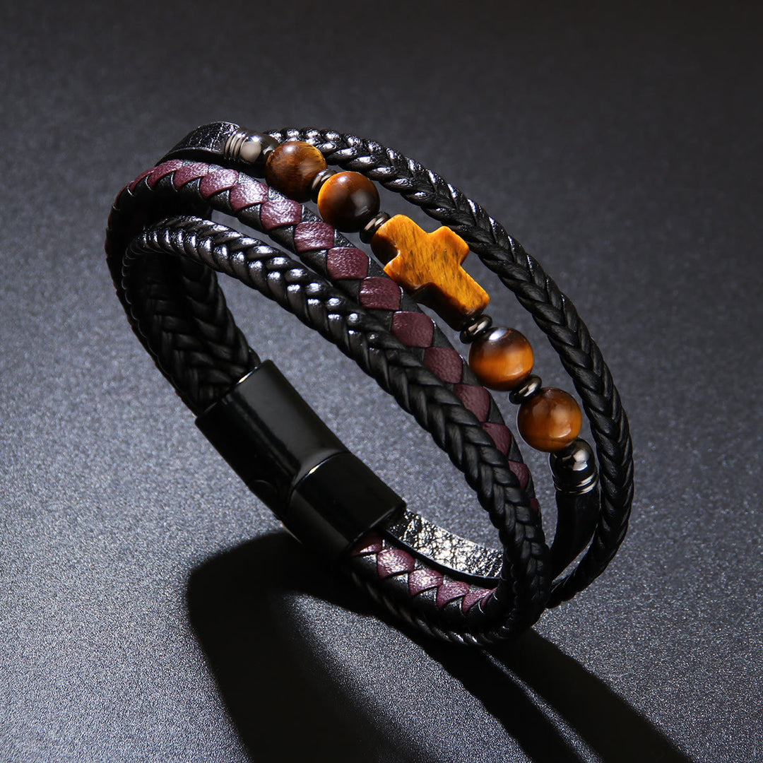 Olivenorma Natural Stone Beads Braided Leather Mens Bracelet - Tiger Eye#2 - image 16