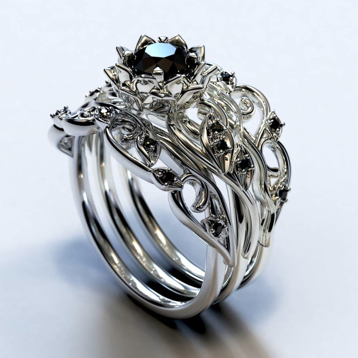 FREE Today: 3PCS Black Diamond Flower Engagement Bridal Ring Set - image 3
