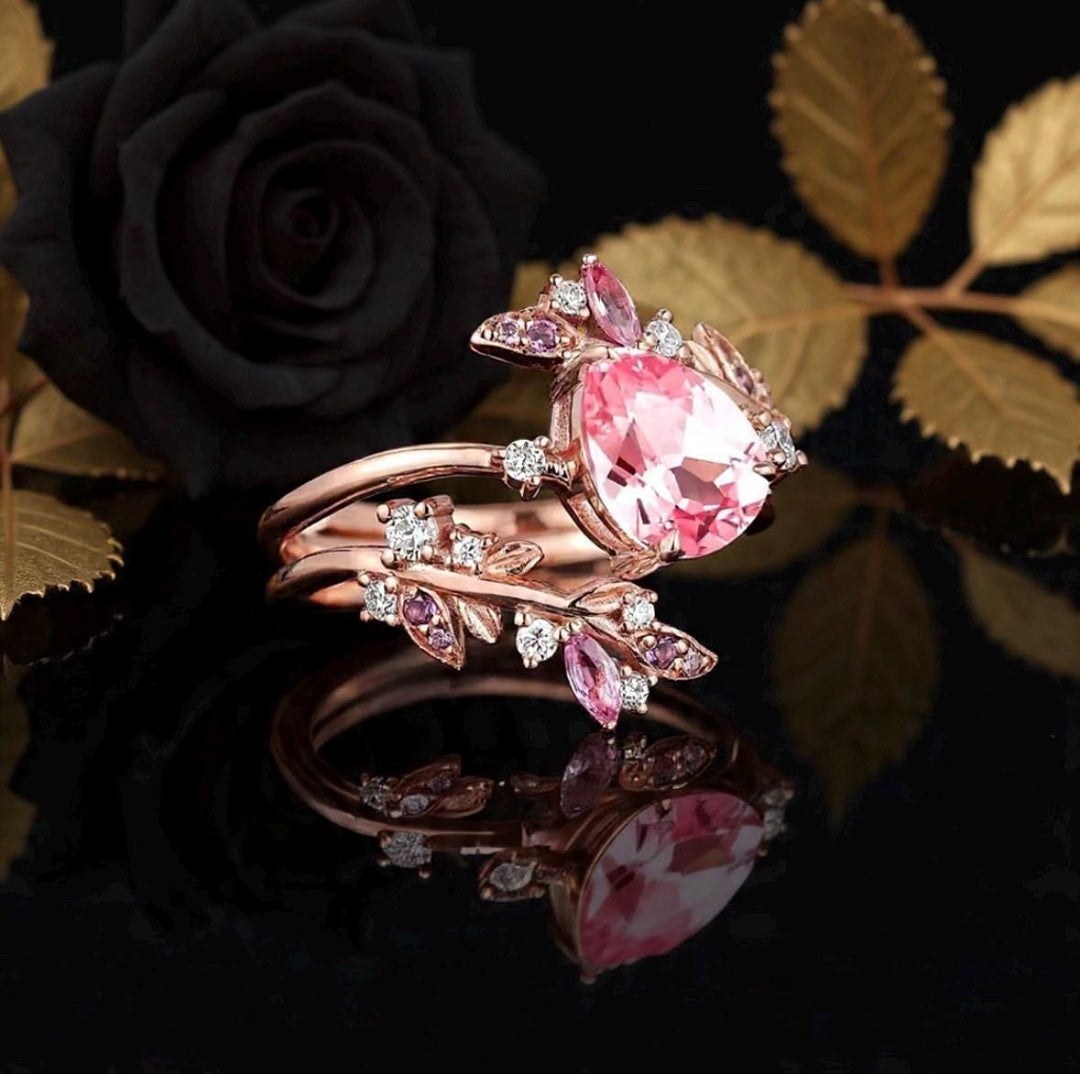 FREE Today: Vintage Rose Gold Pear Pink Sapphire Engagement Ring Set - image 4