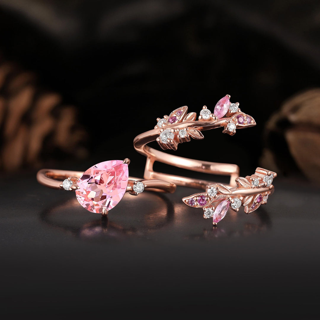 FREE Today: Vintage Rose Gold Pear Pink Sapphire Engagement Ring Set - image 8