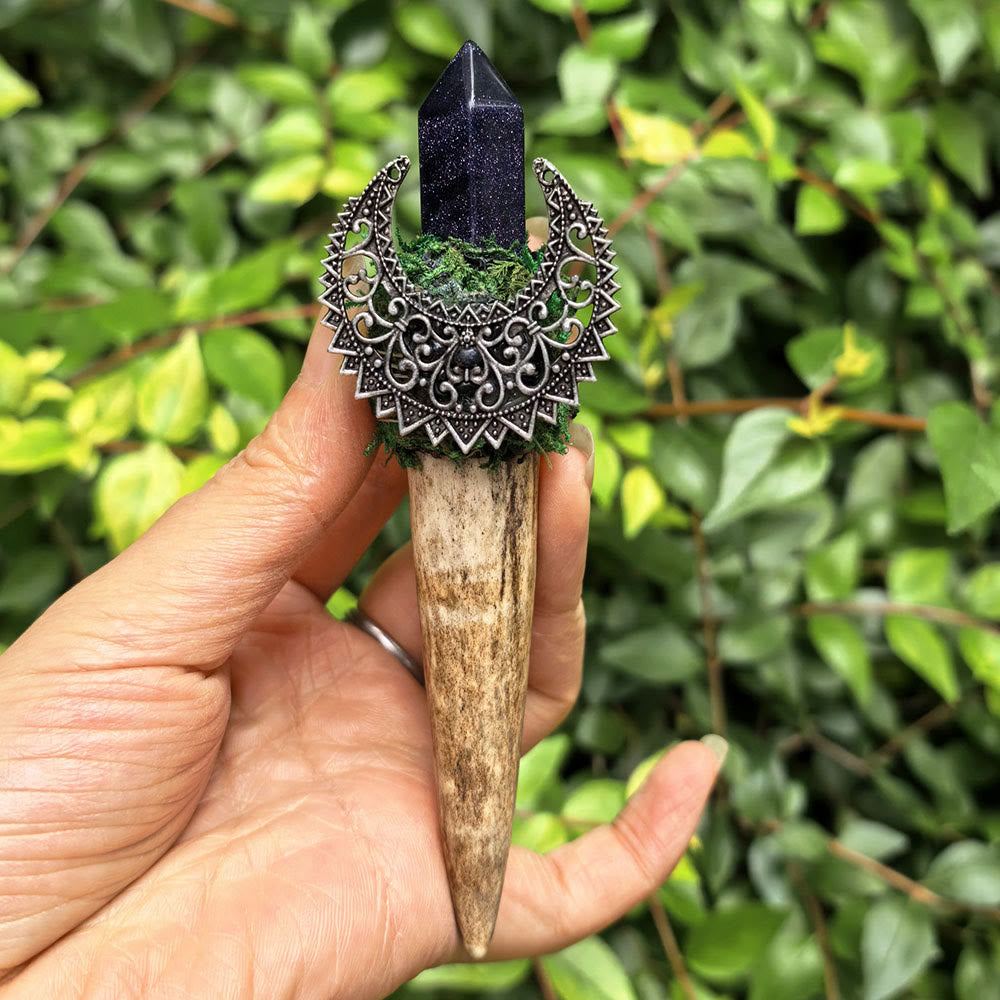Olivenorma Antler Triple Moon Decor Natural Crystal Wand - Blue Sandstone - image 5