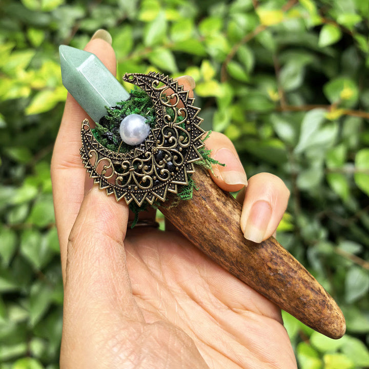Olivenorma Antler Triple Moon Decor Natural Crystal Wand - Green Aventurine - image 4
