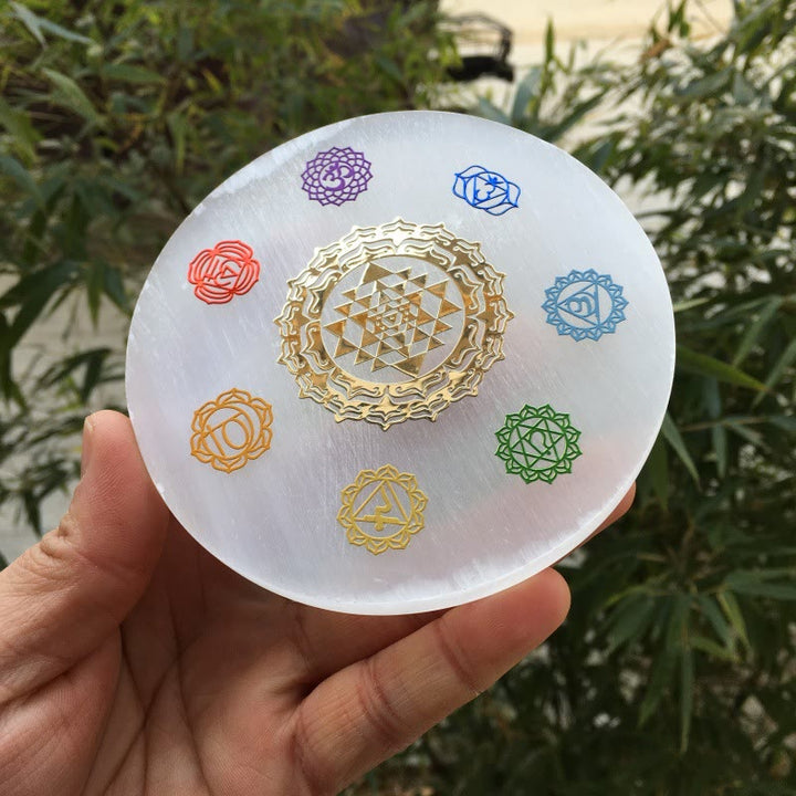 Olivenorma 7 Chakra Symbols Engraved Selenite Charging Plate - 7 Chakra Symbols Sri Yantra - 10*10cm /3.94*3.94 inch - image 2