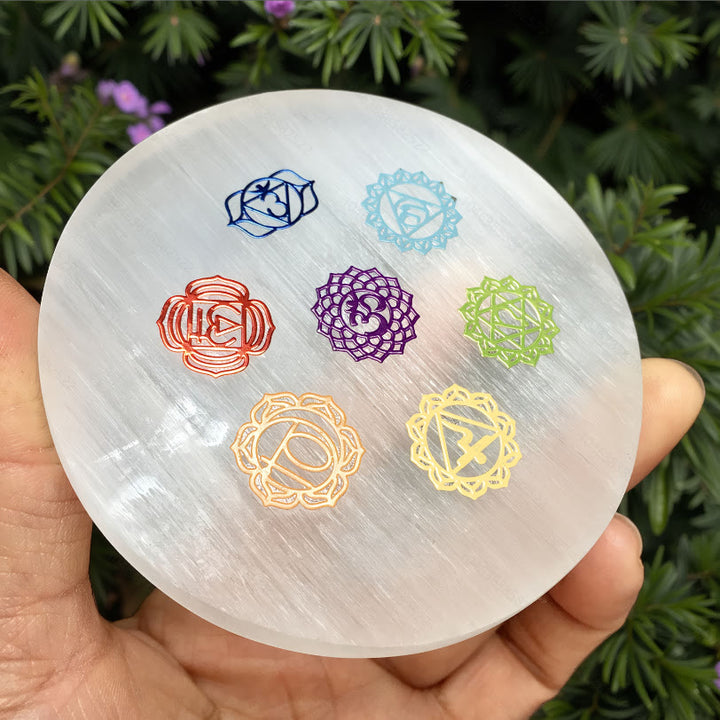 Olivenorma 7 Chakra Symbols Engraved Selenite Charging Plate - 7 Chakra Symbols - 8*8cm /3.15*3.15 inch - image 3