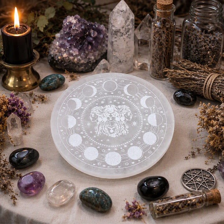 Olivenorma Triple Moon Goddess Engraved Selenite Charging Plate - image 3