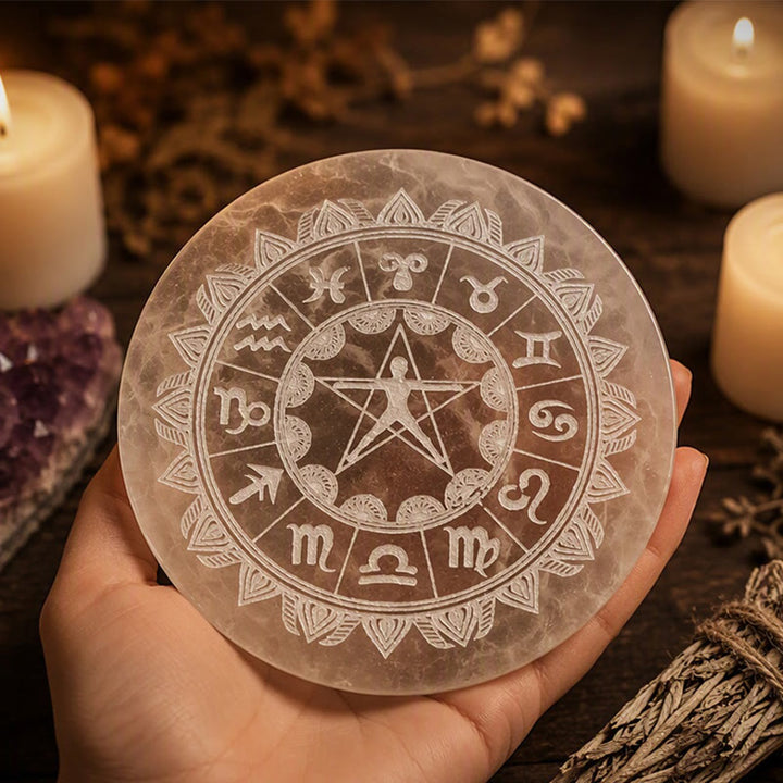 Olivenorma Zodiac Wheel Vitruvian Man Pentagram Engraved Selenite Charging Plate - image 5