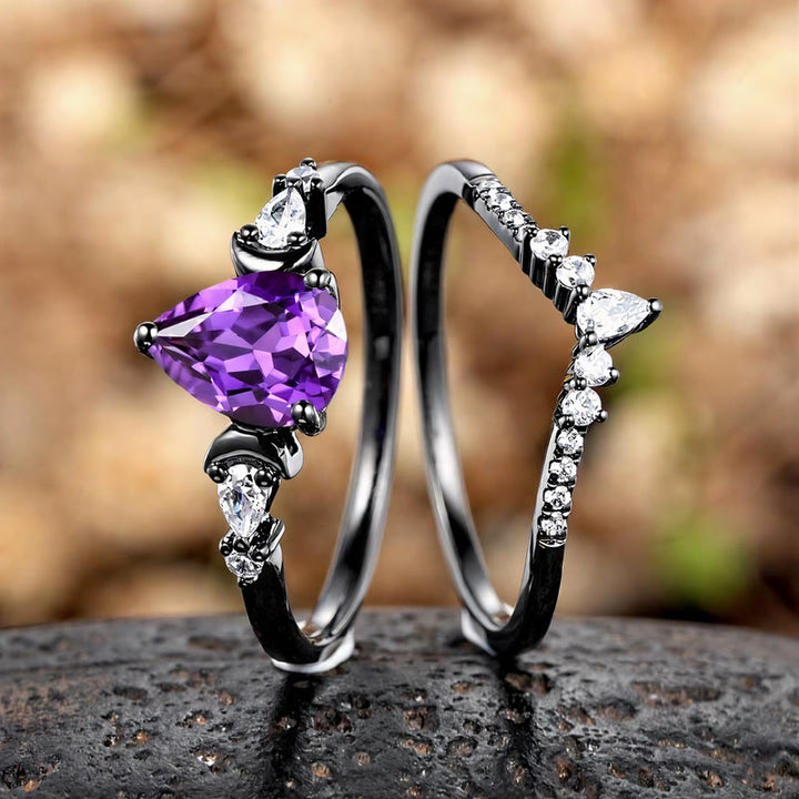 FREE Today: Black Gold Pear Cut Purple Zircon Engagement 2Pcs Ring Set - image 5