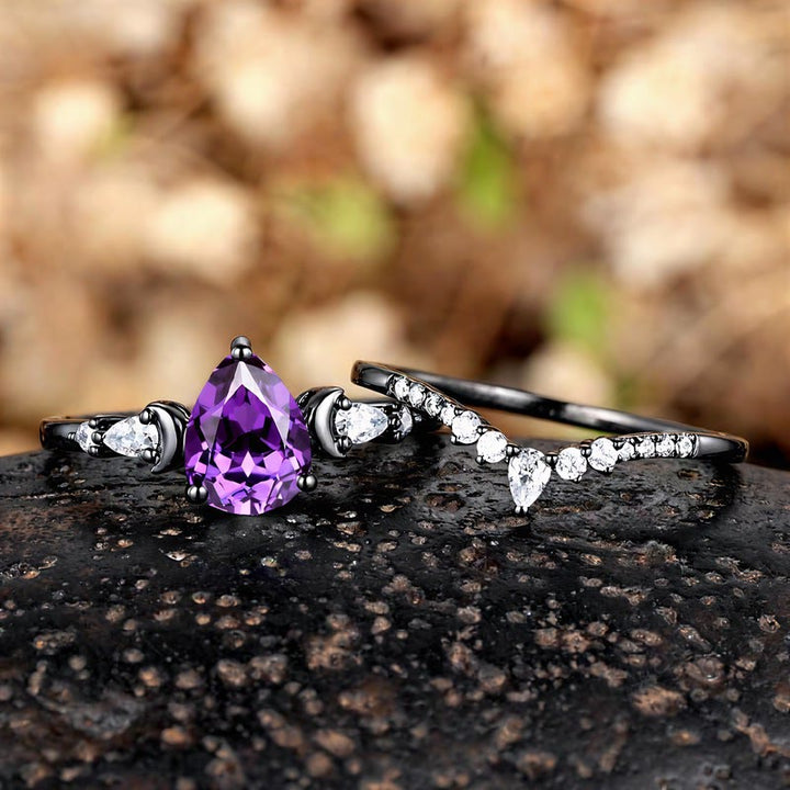 FREE Today: Black Gold Pear Cut Purple Zircon Engagement 2Pcs Ring Set - image 6