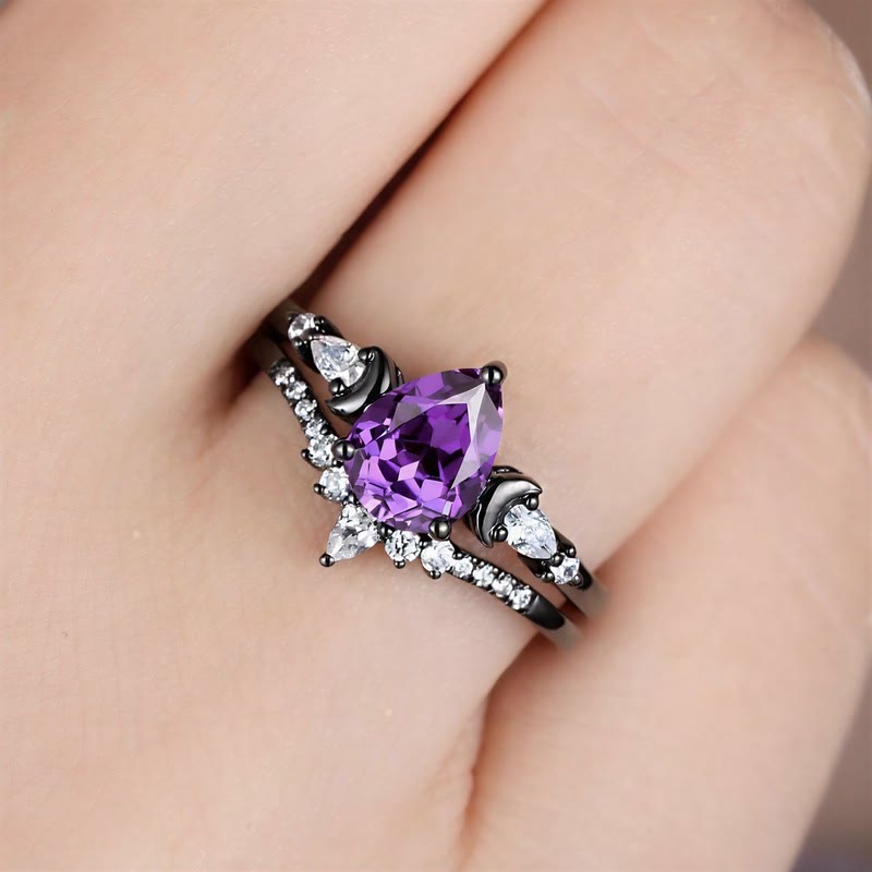 FREE Today: Black Gold Pear Cut Purple Zircon Engagement 2Pcs Ring Set - image 1