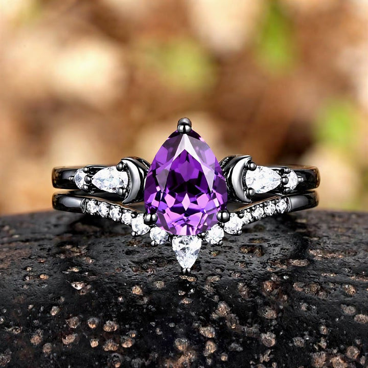 FREE Today: Black Gold Pear Cut Purple Zircon Engagement 2Pcs Ring Set - US 10 - image 0